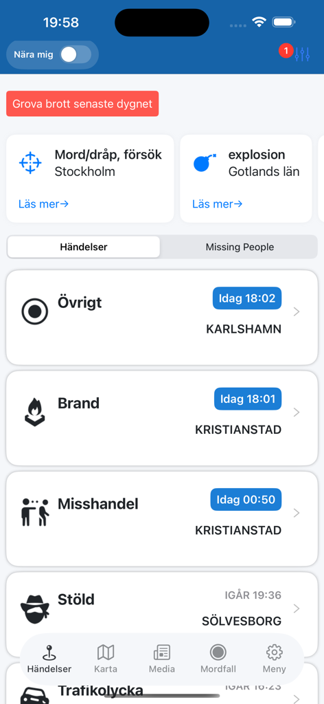 Blåljus  – True Crime Podcasts - Mobile app interface showing a real-time feed of police incidents and emergency alerts categorized by crime type.