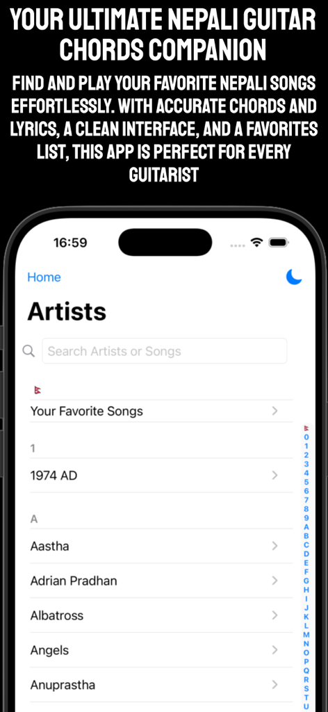 Artists list and search screen in the Nepali Guitar Chords mobile app