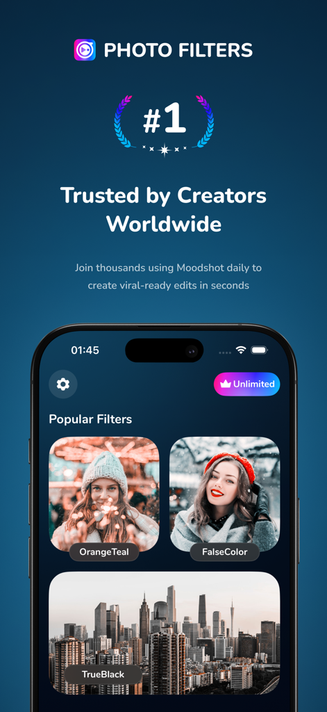 Moody Photo Edit Preset Filter - Moodshot app interface showing popular cinematic photo filters and presets