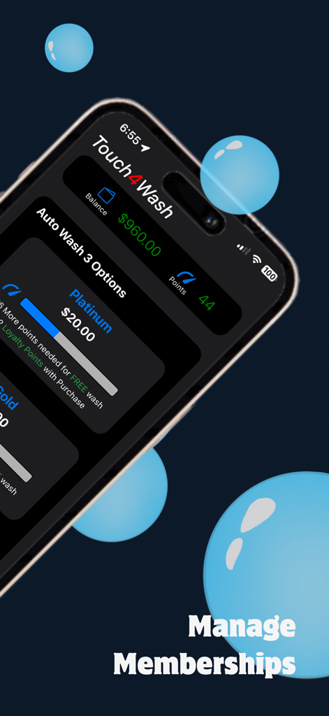 Touch4Wash - Touch4Wash smartphone app interface showing car wash options and membership loyalty points