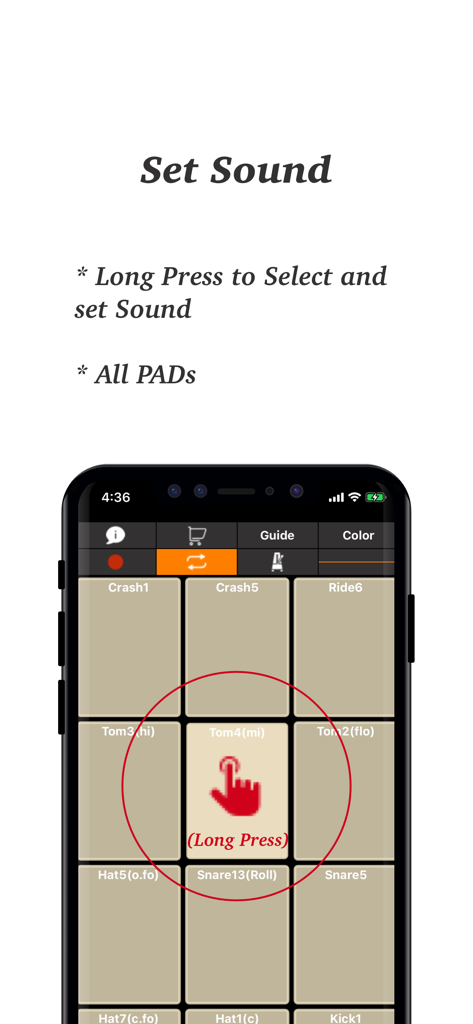 Drum PAD + - Real Finger Drums - Interface of Drum PAD plus showing the long press gesture to customize drum sounds