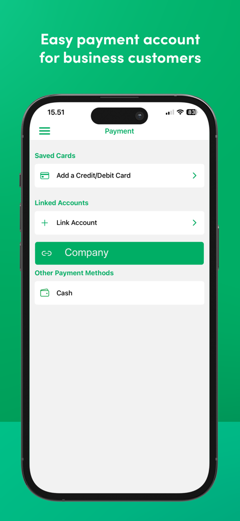 Menevä Taksi - Payment settings in the Meneva Taksi app showing options to link a company account and add credit cards for business travel
