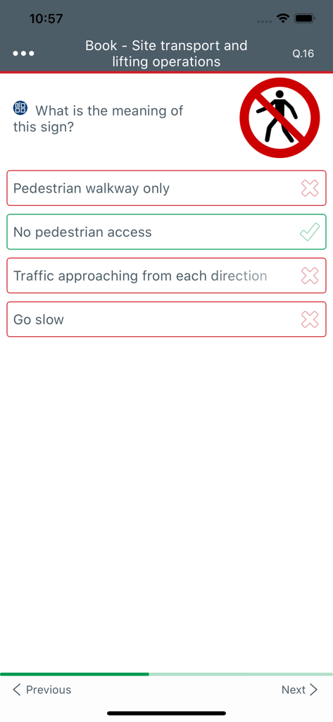 A practice question in the CITB HS&E test app about a no pedestrian access safety sign