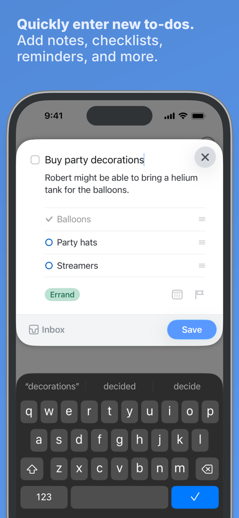 Things 3 - Captura de pantalla de iPhone que muestra la interfaz de entrada rápida de Things 3 para crear una nueva tarea con notas y una lista de verificación.