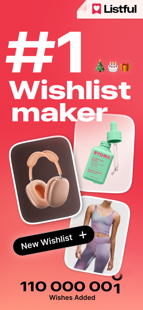 Promotional screen for Listful app stating it is the number one wishlist maker with over one hundred million wishes added