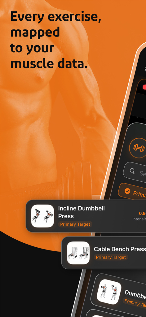 Built Workout - Built Workoutモバイルアプリ画面。インクラインダンベルプレスのようなエクササイズが筋肉データにマッピングされている様子を表示