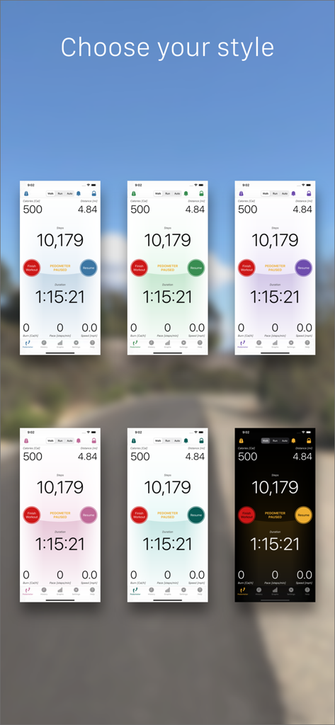 six screen previews showing different color theme options for the footsteps pedometer app interface
