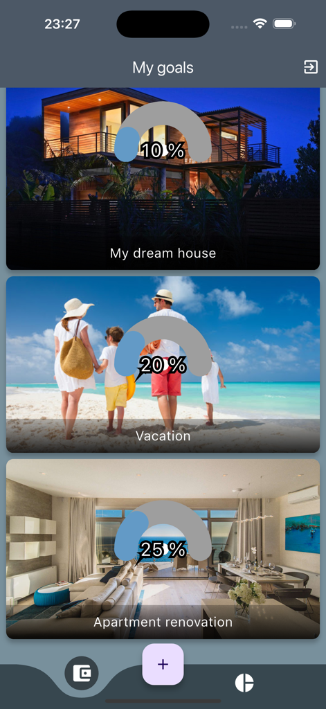 Smart Moneybox–Savings Tracker - Smart Moneybox app screen showing visual progress tracking for various savings goals like a house and vacation.