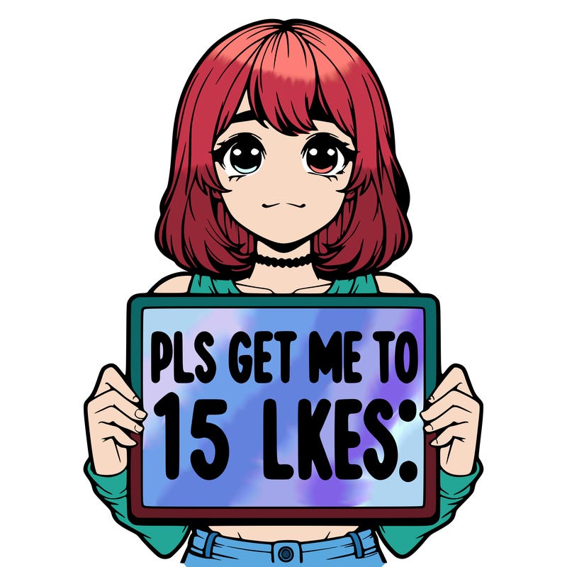 realistic girl holding up a sign that says “pls get me to 15 likes!”