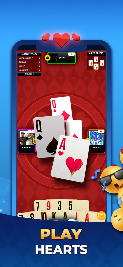 VIP Games: Card & Board Online - Pantalla de juego del juego de cartas Hearts en la aplicación móvil VIP Games mostrando avatares de jugadores y cartas de juego digitales