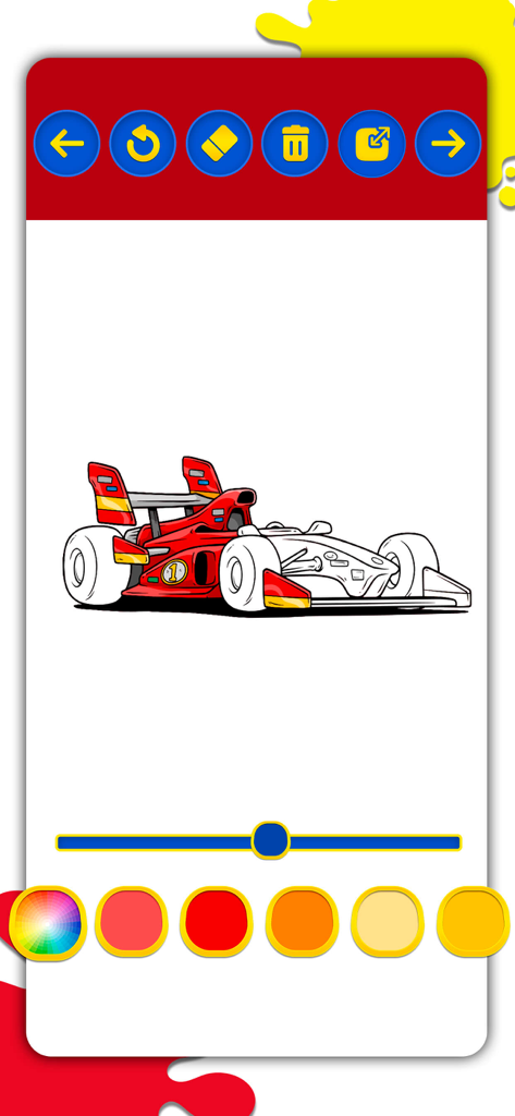 Cars Coloring Pages Collection - Página de colorir digital com um carro de corrida de Fórmula 1 vermelho com uma paleta de cores e ferramentas de edição.