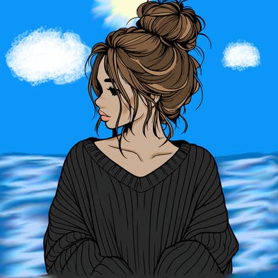 realistic girl wearing a messy bun and an oversized sweater