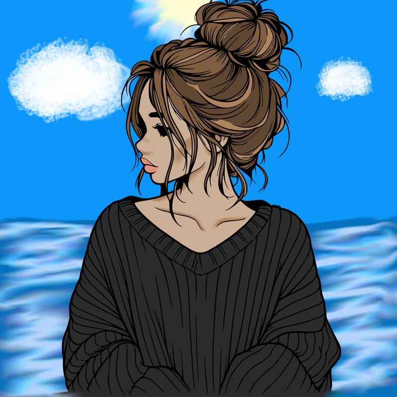 realistic girl wearing a messy bun and an oversized sweater