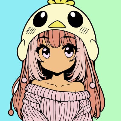 anime girl with chick shaped hat with sweater with bare shoulders with bangs covering them one eye with low tail