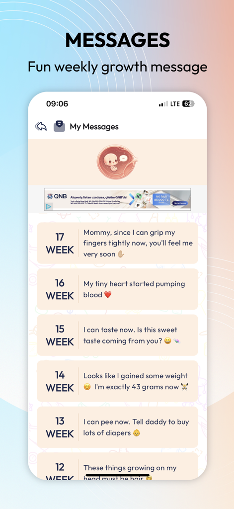 Miracle Mom Pregnancy Tracker - Screenshot of the Miracle Mom Pregnancy Tracker app showing fun weekly growth messages from the baby