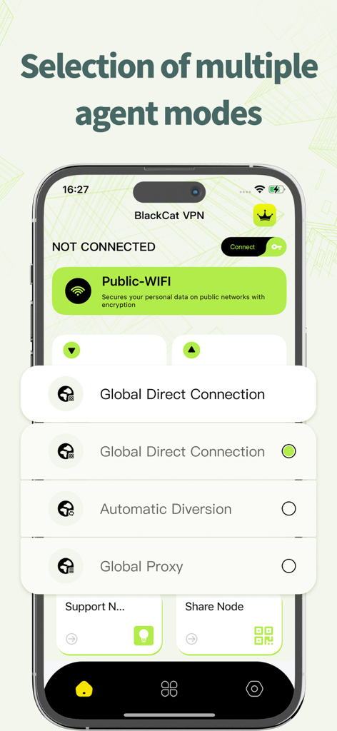 VPN – Black Cat Free VPN ™ - Interface of Black Cat VPN app showing multiple agent connection modes on an iPhone