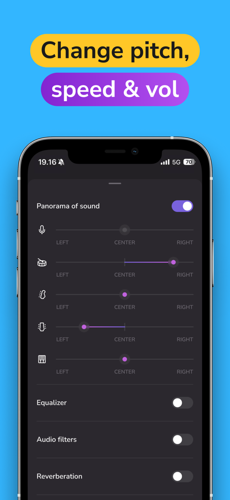 Vocal Remover AI-Remove Voice - Mobile app interface showing panorama of sound sliders for panning vocals and individual instruments like drums and guitar