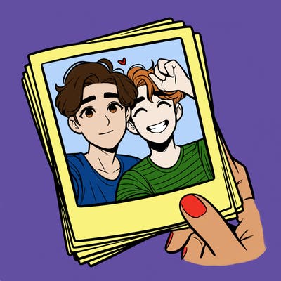 realistic, best friends taking a polaroid picture