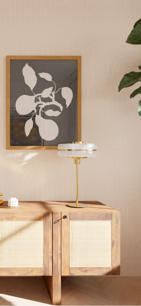 A realistic 3D interior render of a modern sideboard with a lamp and wall art