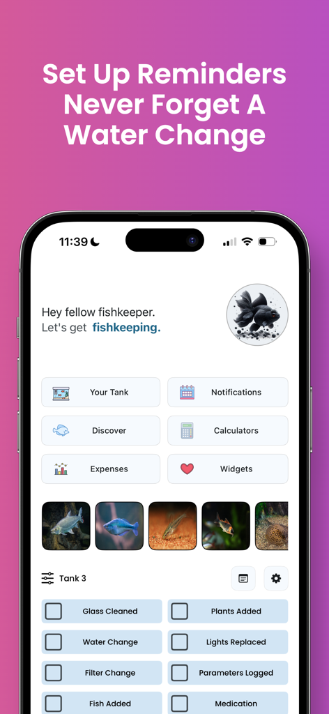 Fishi: Aquarium Manager - Fishi app interface showing an aquarium maintenance checklist with water change and filter cleaning reminders.