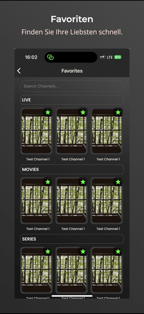 La pantalla de favoritos de la aplicación Net ipTV Pro mostrando canales en vivo y películas organizados.