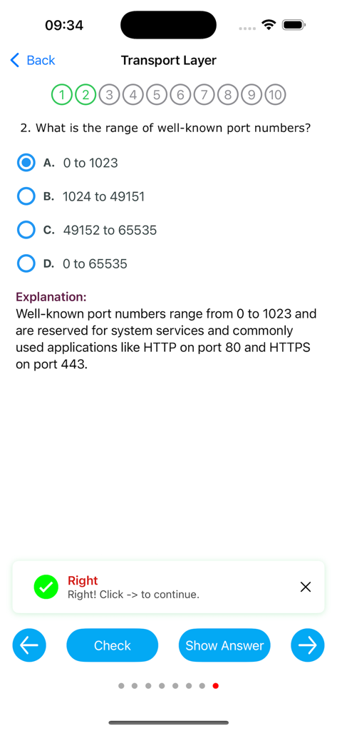 Learn Computer Networking - A quiz screen in the Learn Computer Networking app showing a question about well-known port numbers and its explanation.