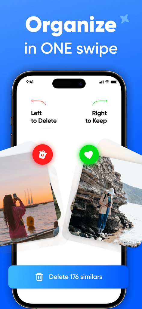 Cleaner Ultra: Clean Storage - Cleaner Ultra app screen showing swipe to delete or keep photos interface