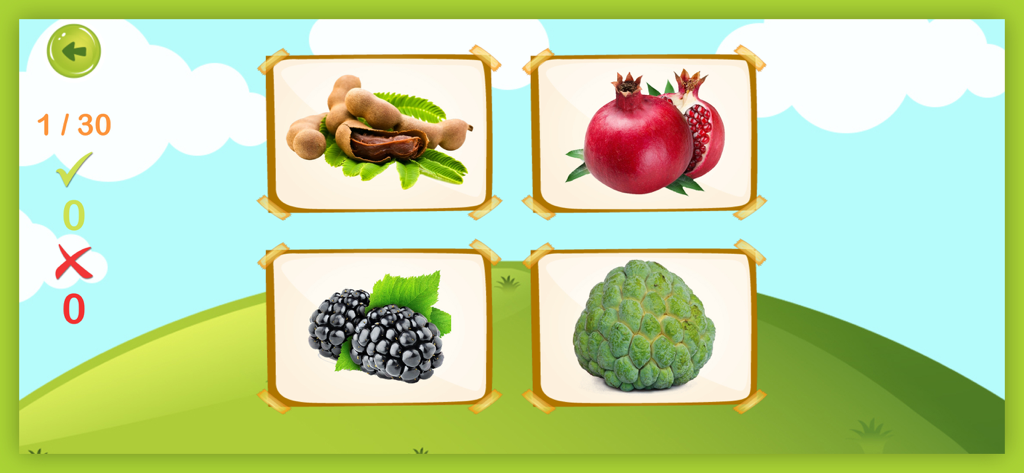 Educational fruit identification screen for toddlers featuring realistic images