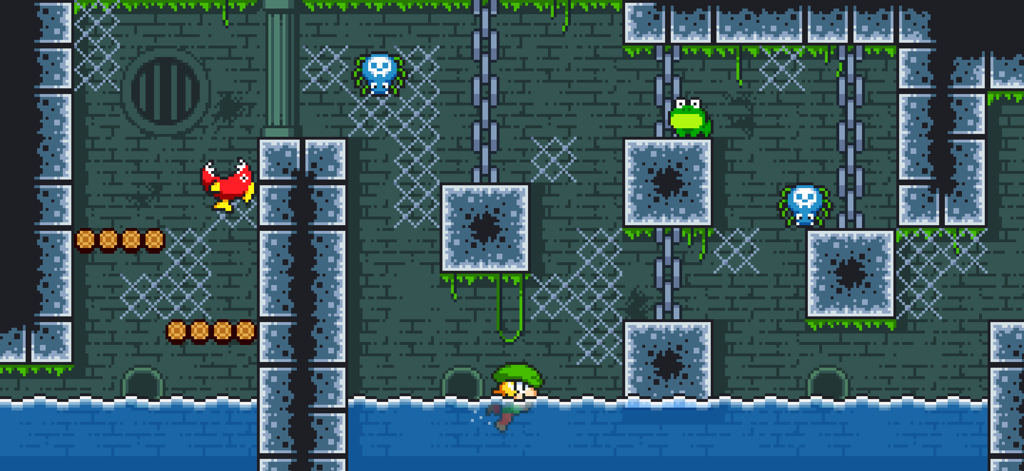 Tiny Dangerous Dungeons Remake - Retro pixel art scene of a character swimming in a dungeon with skull and frog enemies