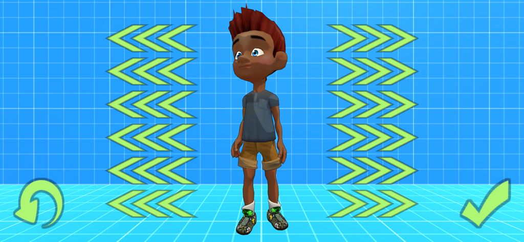 A character selection screen featuring a 3D animated boy avatar with navigation arrows and a confirmation checkmark