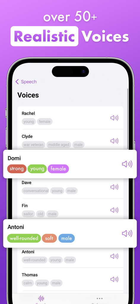 T2S - Voice Changer - Interfaz de la aplicación T2S que muestra una lista de voces IA realistas con filtros como joven, femenina, fuerte y equilibrada.