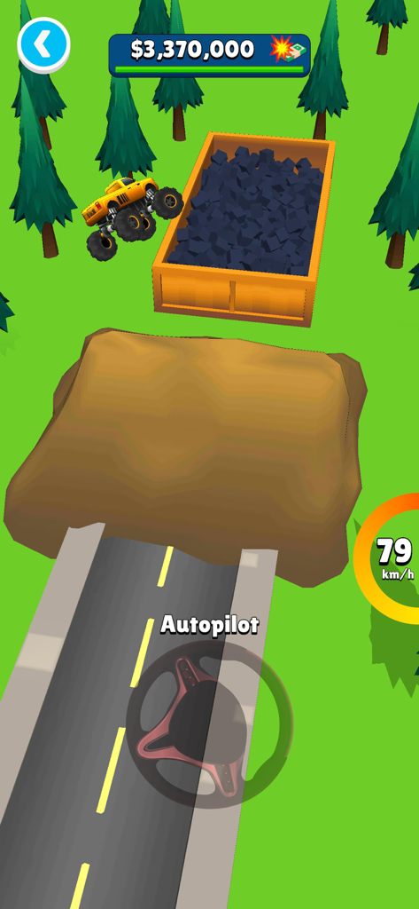 Monster Truck Rampage 3D! - A yellow monster truck jumping from a ramp into a container in a 3D forest environment