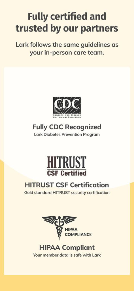 Lark Health - Lark Health app trust badges including CDC recognition HITRUST CSF security certification and HIPAA compliance