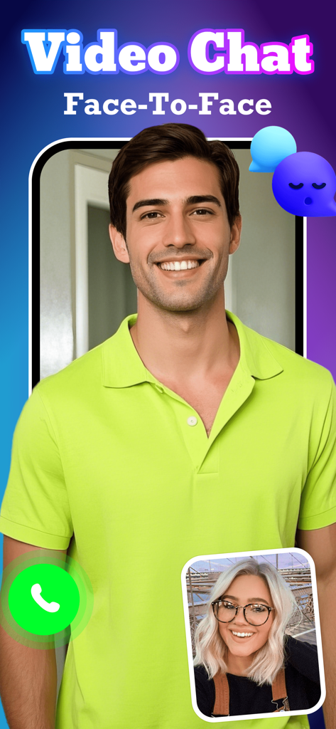 Chos：Adult，Social Chat - Un hombre y una mujer participando en una videollamada cara a cara uno a uno en la aplicación Chos