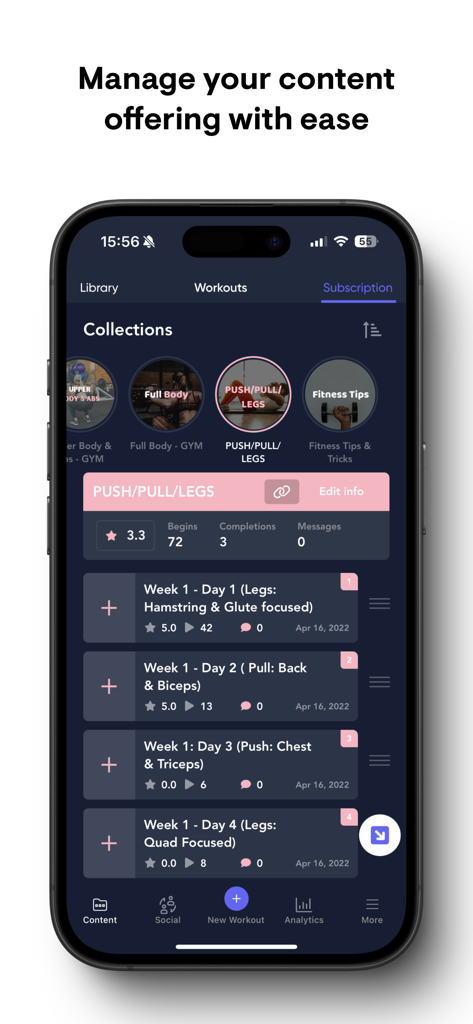 Playbook Creator - Playbook Creator app interface showing a fitness trainer managing a workout collection for their subscribers