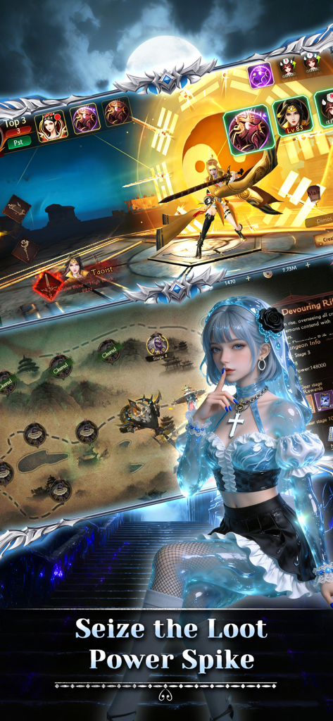 Ghost Hunter: Idle RPG - Ghost Hunter Idle RPGモバイルゲームのスクリーンショット。道教のキャラクターとワールドマップの進行が表示され、「戦利品パワーを掴め」というテキストが表示される