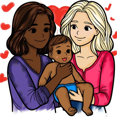 two realistic women holding one baby together