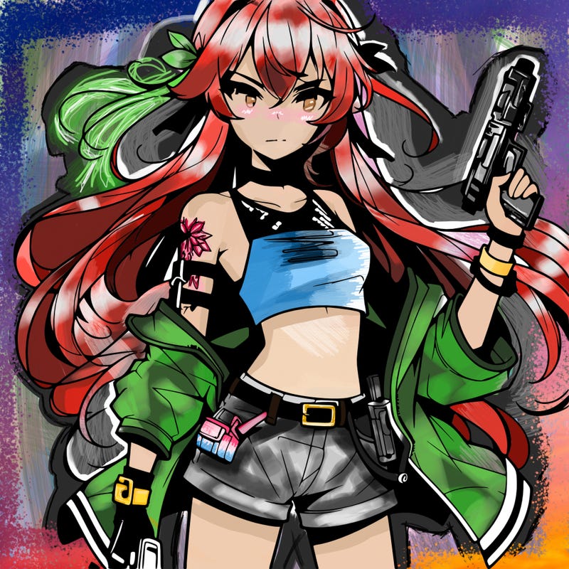 bad girl wearing crop top holding a gun long hair anime