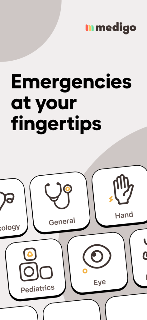 Medigo Emergencies - Medigo Emergencies app home screen showing medical specialty icons for pediatrics general medicine and eye care