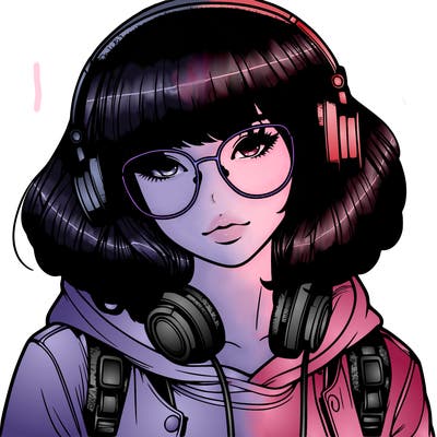 realistic teenagegirl with bangs in her hair headphones and wearing glasses and a jacket with a hoodie