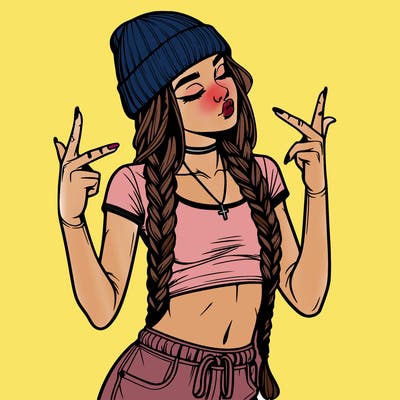 realistic teenage girl with braids and a beanie and crop top doing 🫶🏼