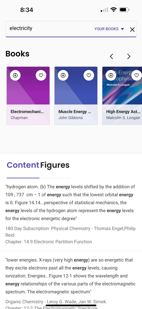 Interface of the BibliU app showing search results for electricity across multiple digital textbooks and content snippets.
