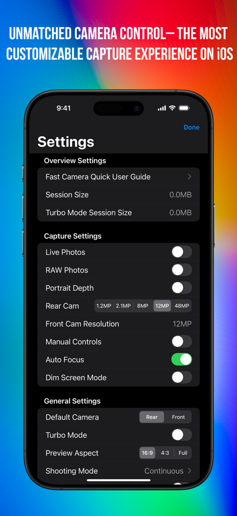 Fast Camera - Fast Camera app settings screen showing capture and manual control options on an iPhone