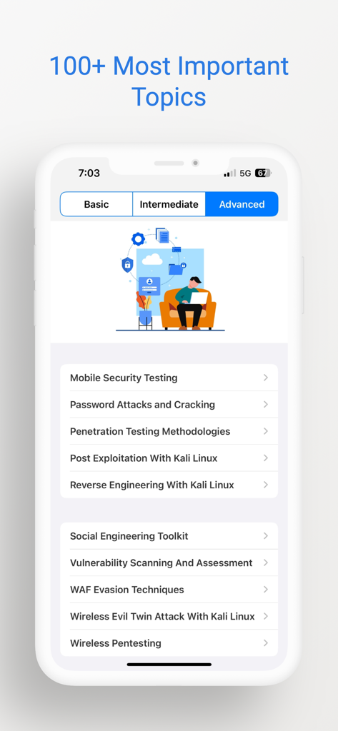 Learn Kali Linux - Interfaz de la aplicación Aprende Kali Linux mostrando temas avanzados de ciberseguridad y tutoriales de pentesting