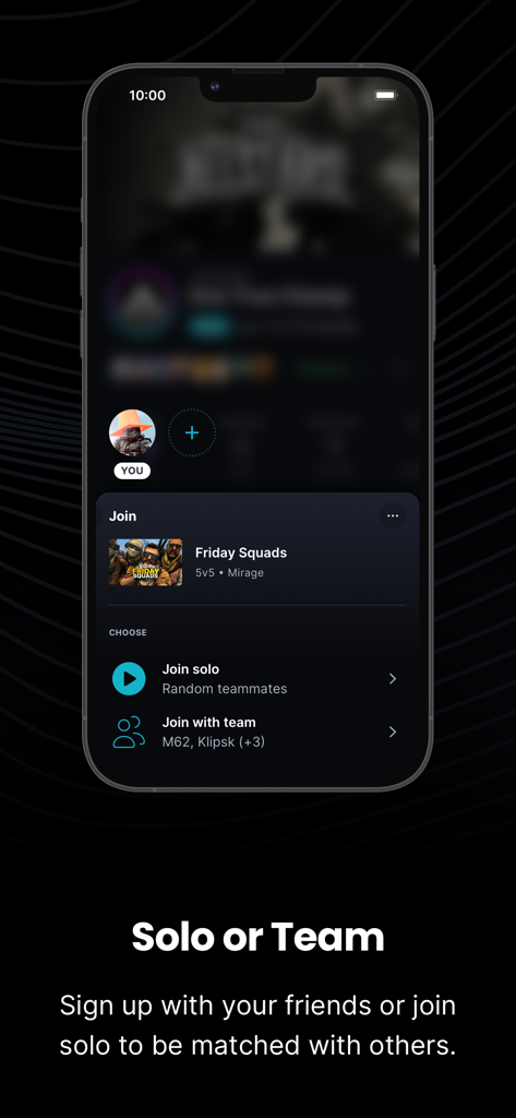 Challengermode - Mobile app interface showing options to join an eSports tournament solo or with a team