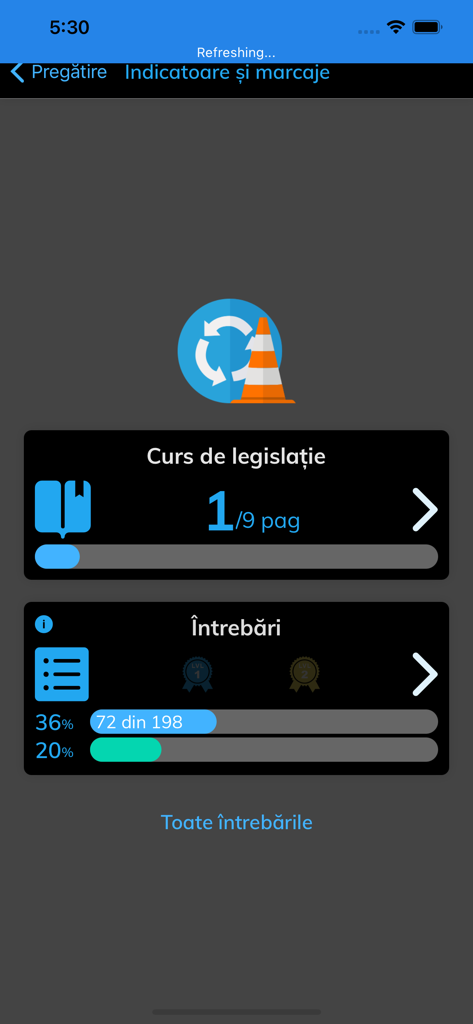 SoferOnline mobile app dashboard showing progress in driving legislation and official exam questions