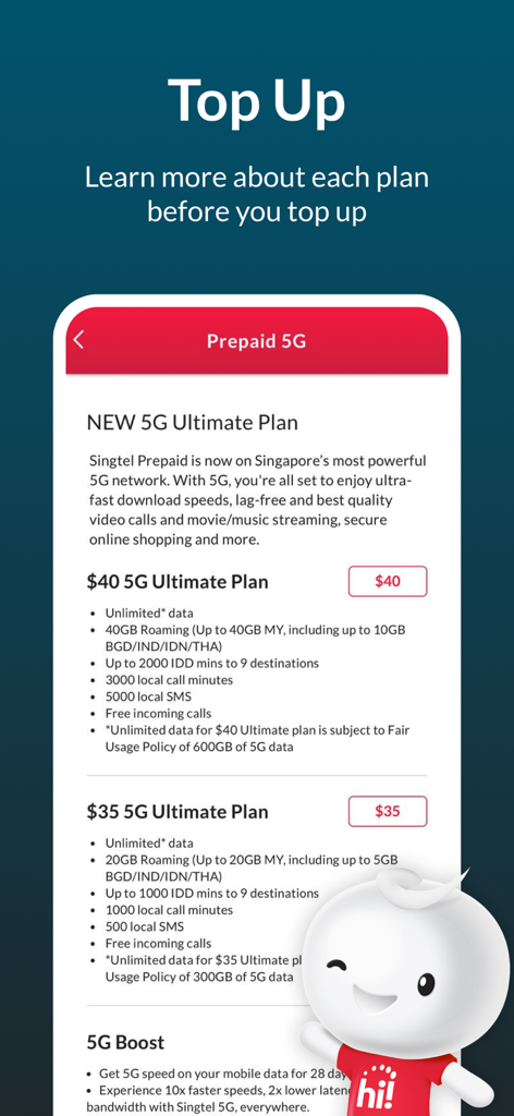 Singtel Prepaid hi!App - Singtel Prepaid hi!App top up screen showing different 5G Ultimate plans with details for data, roaming and calling minutes