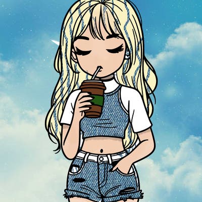 girl in a crop top sipping on coffee wearing jean shorts