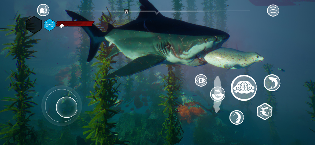 Large shark eating a seal underwater in the Maneater game