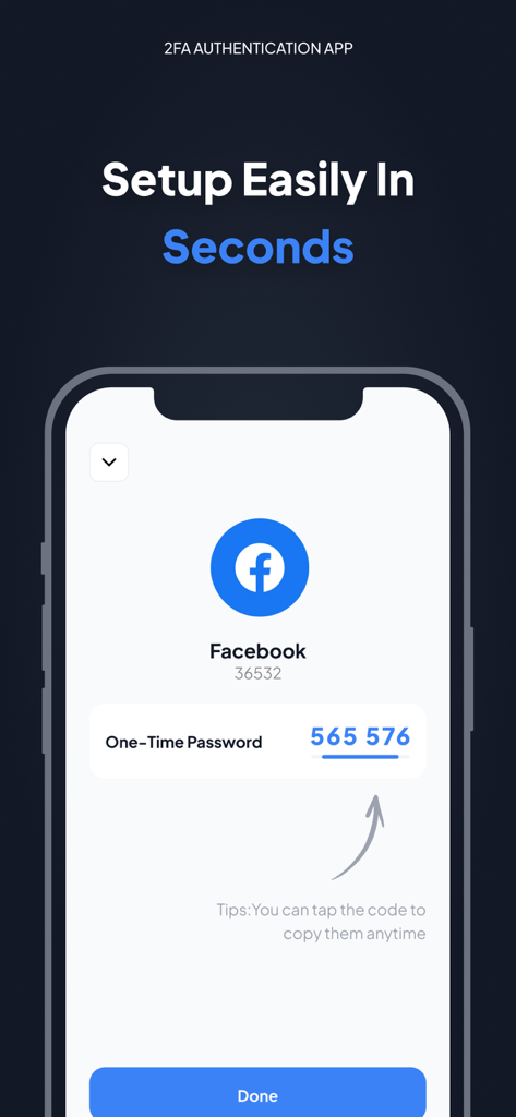 Captura de tela do iPhone mostrando um código de senha de uso único de autenticação de dois fatores do Facebook no App Autenticador.